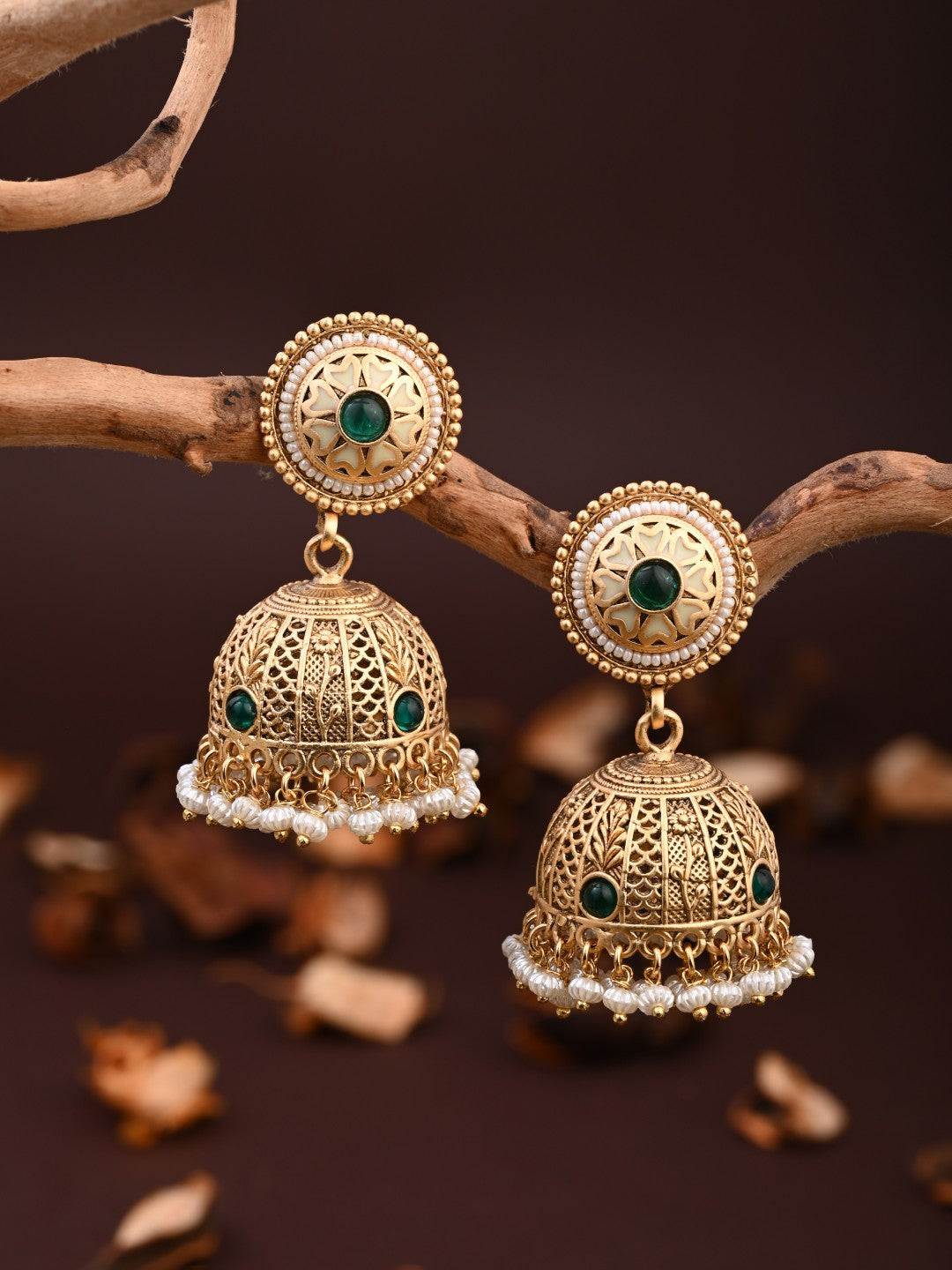 Royal Green Stone Antique Jhumka Earrings