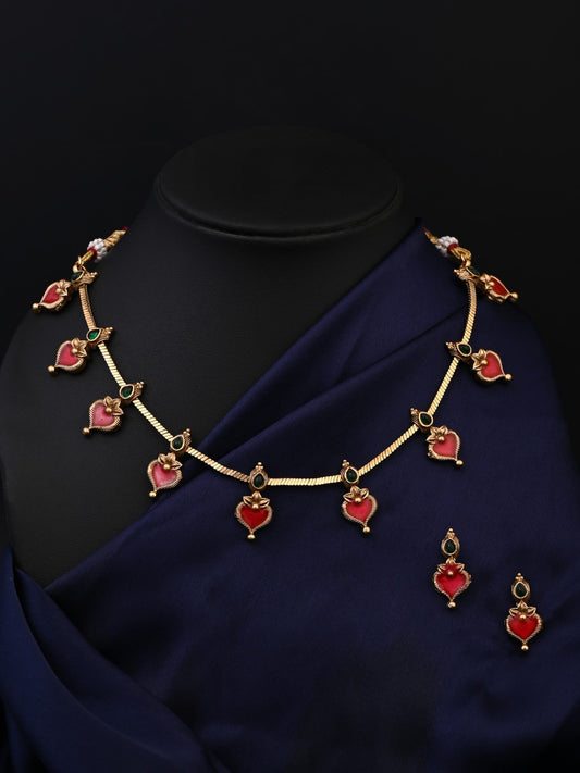 Red Meenakari Floral Alloy Necklace Set