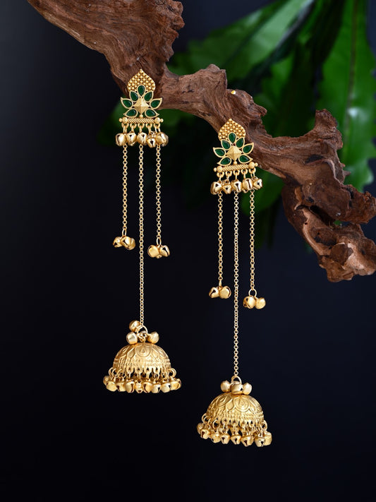 Floral Jhumka Earrings with Ghungroo Chain Tassels green