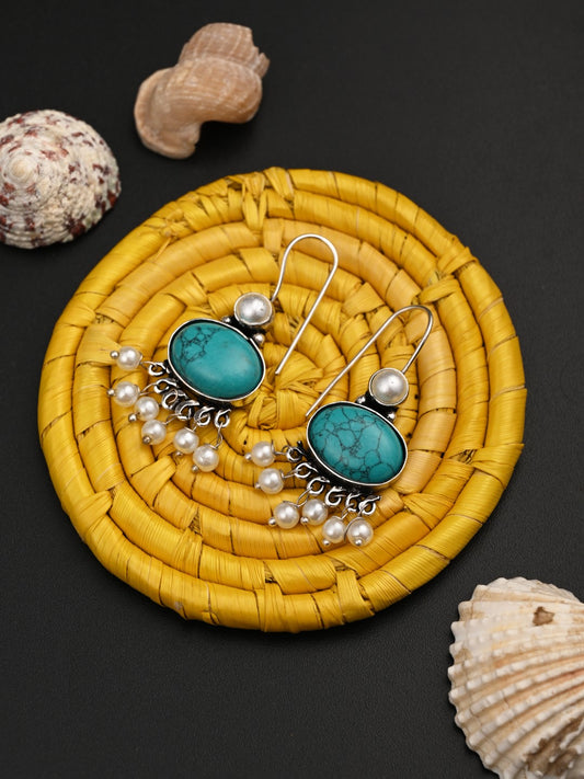 Turquoise Stone Pearl Fringe Drop Earrings