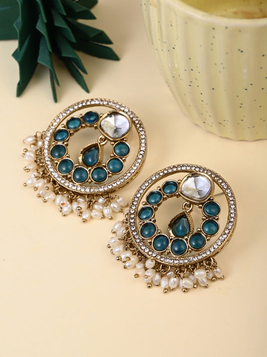 Regal Kundan Pearl Chandbali Earrings - blue