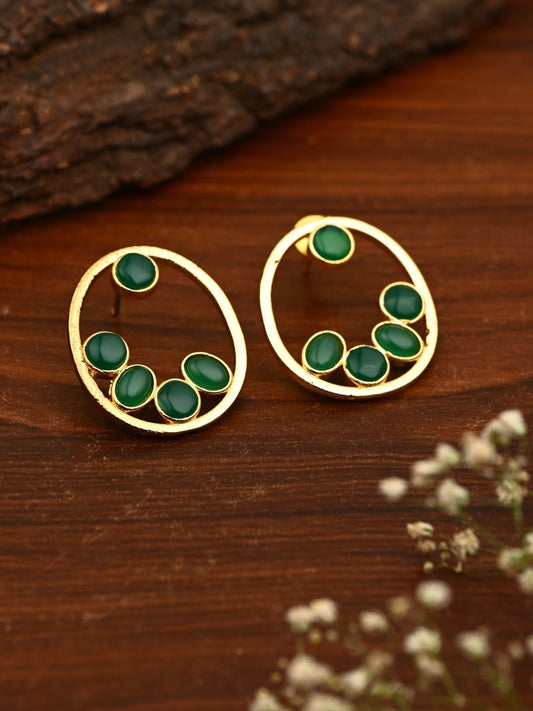 Green Stone Gold-Toned Oval Statement Earrings