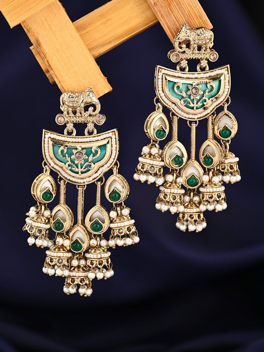 Gold-Toned MOP Chandelier Earrings with Jhumka Drops Green