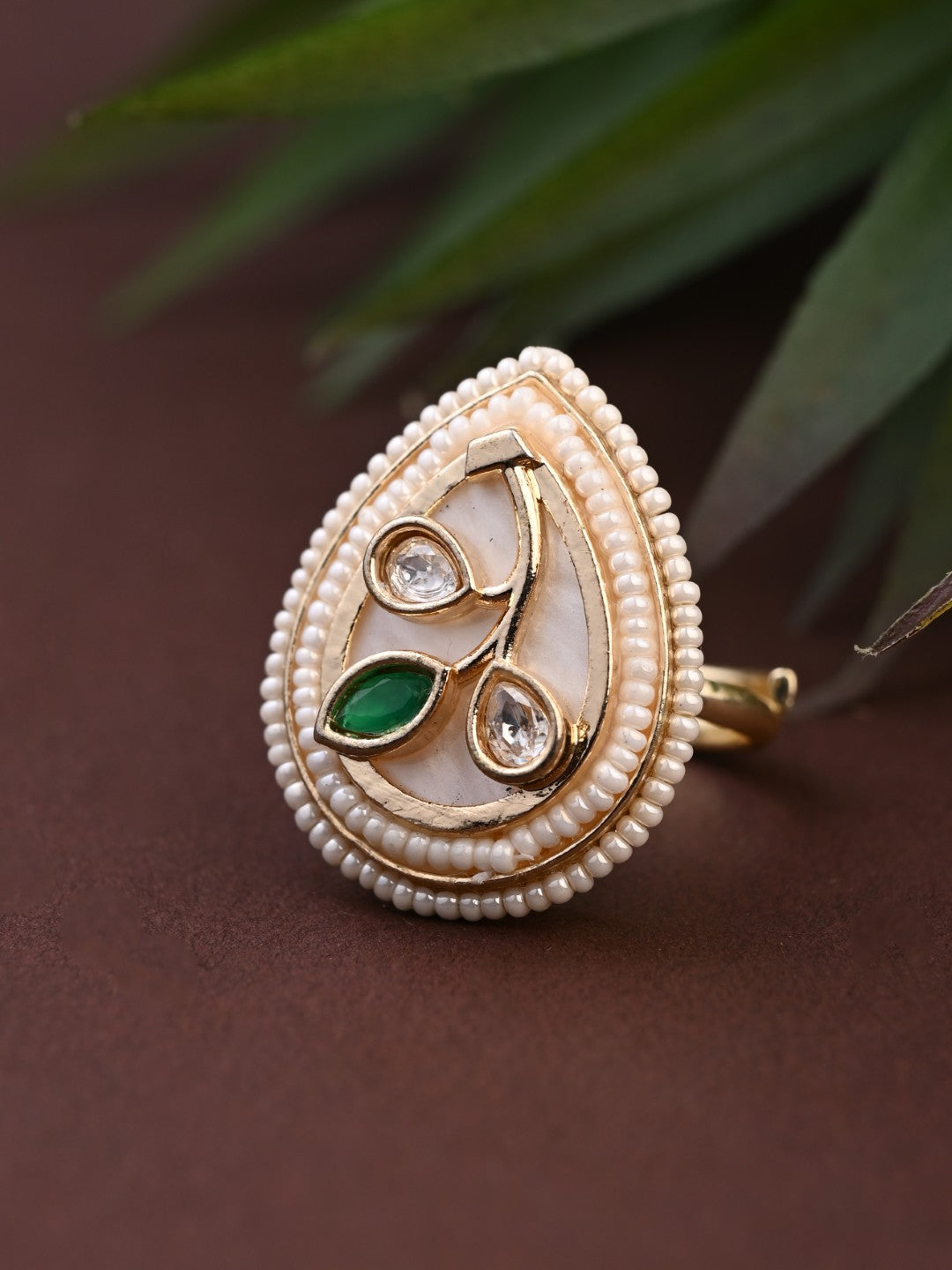 Teardrop Mother of Pearl Floral Brass Ring