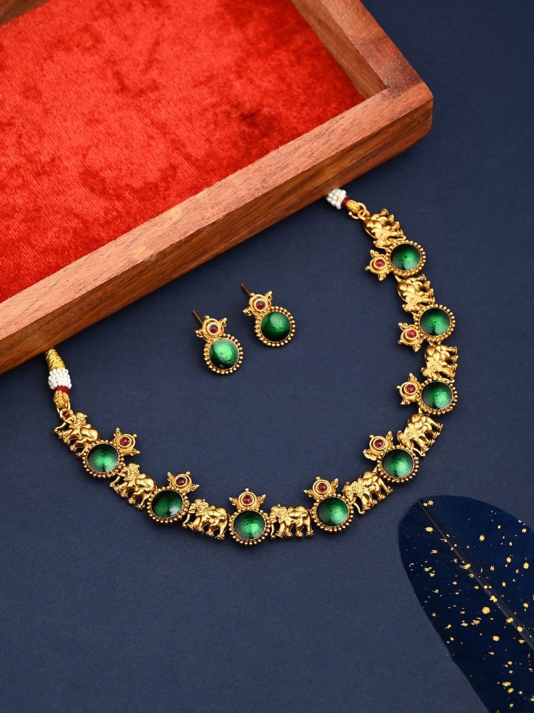 Gold plated Meenakari & Elephant Motif Necklace set - Green