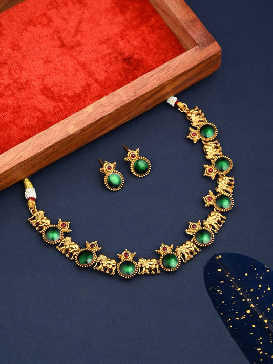 Gold plated Meenakari & Elephant Motif Necklace set - Green