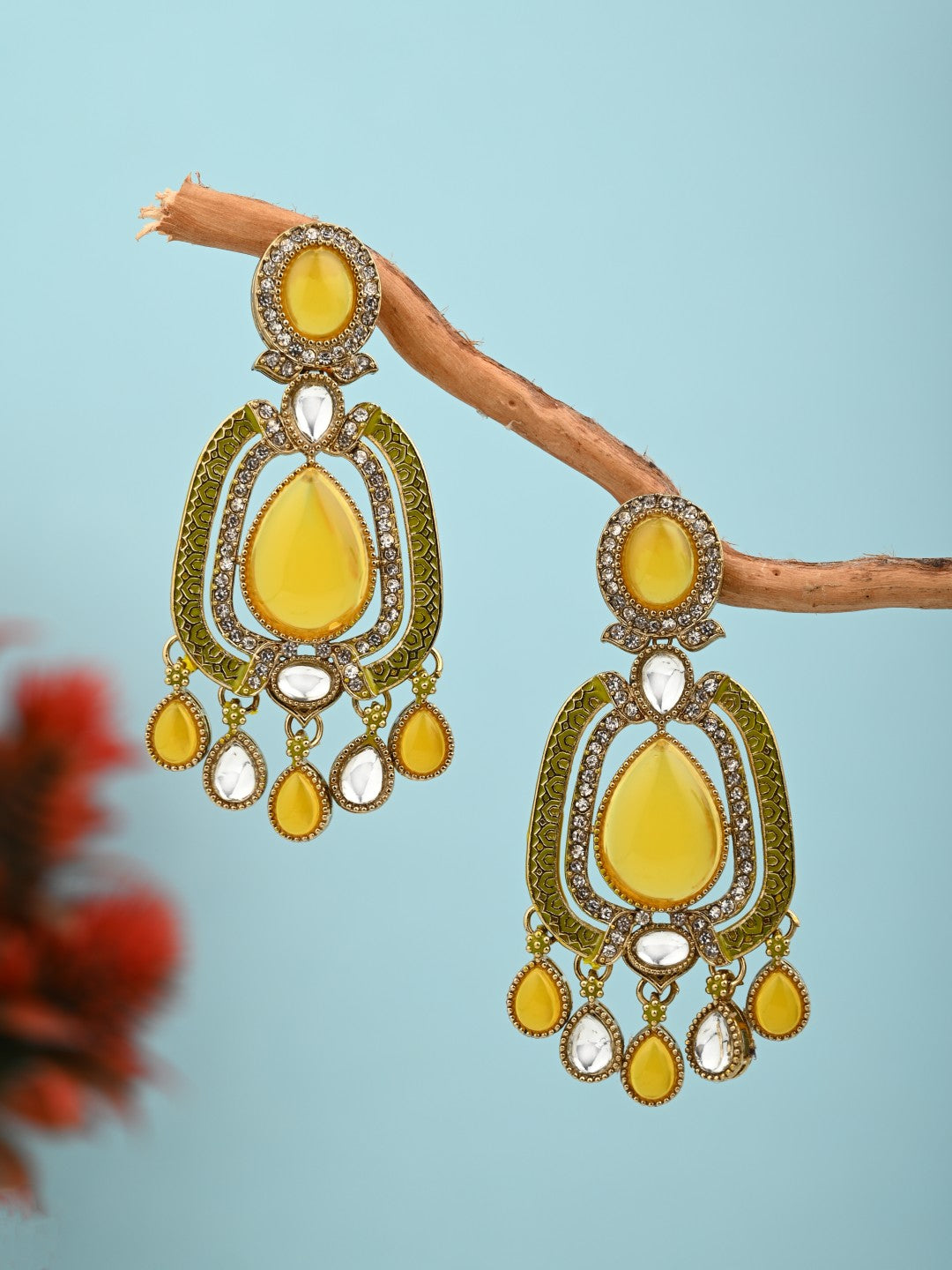 Elegant Crystal Teardrop Statement Earrings - Yellow