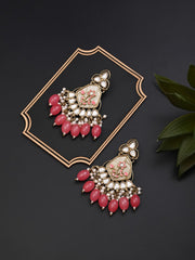 Contemporary kundan, MOP & Meenakari chandbali Earring - coral