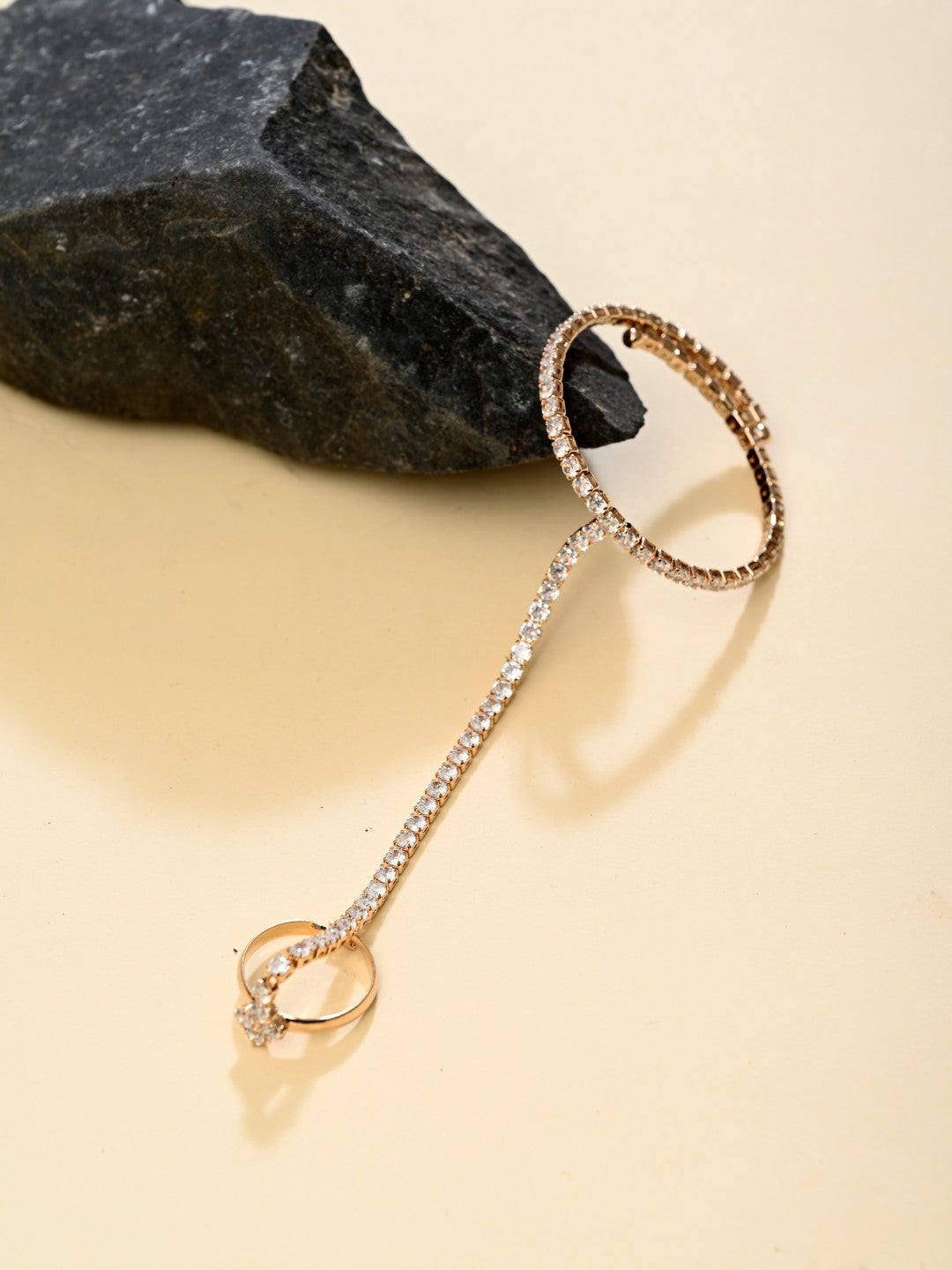 Elegant Gold-Tone CZ Tennis Bangle Bracelet with Ring