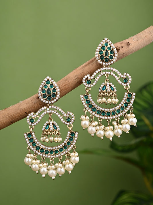 Gold plated Stone & beads chandbali Earring -Green
