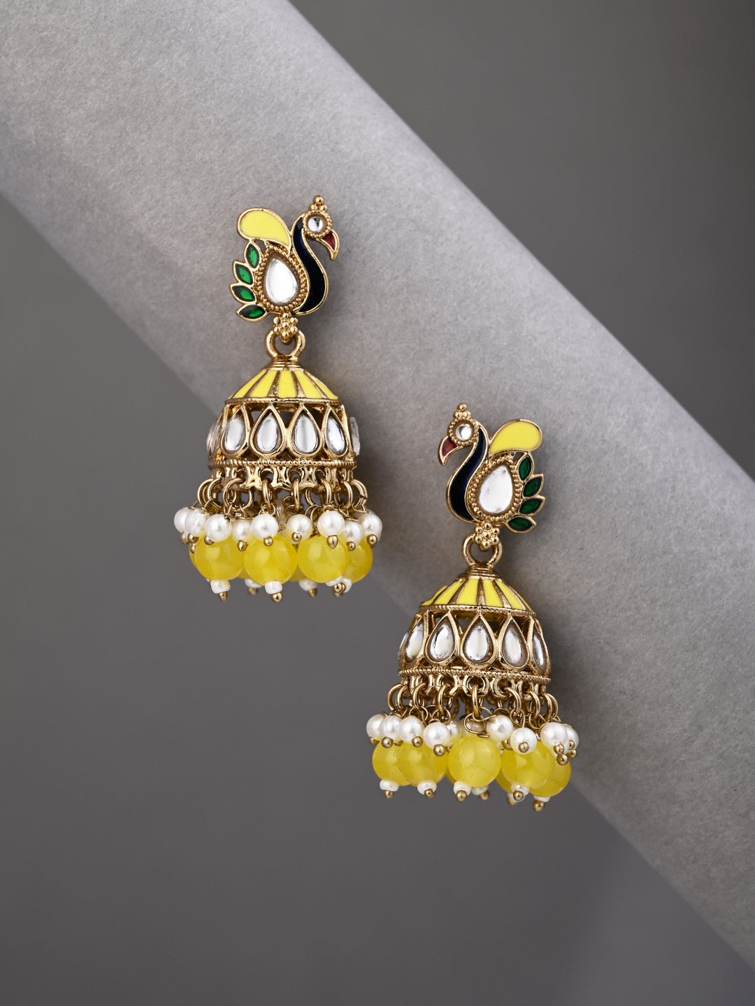 Peacock-inspired jhumka earrings- Yellow