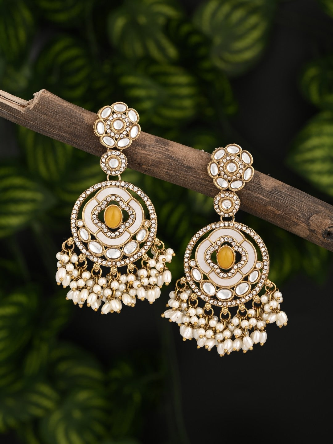Cream & Citrine Chandbali Drop Earrings