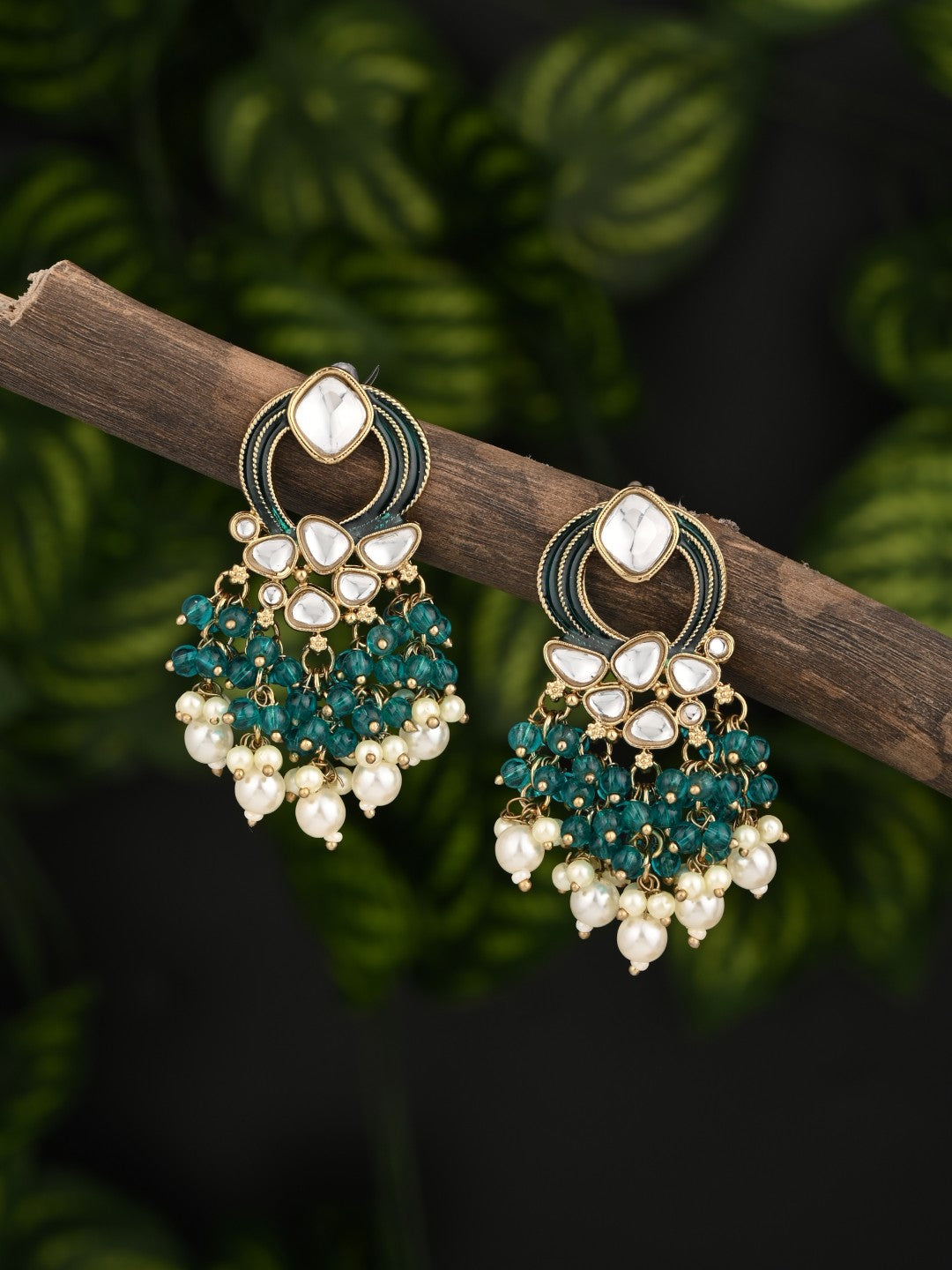 Gold-Plated Meenakari Stud Earrings with Kundan & Pearl Cluster drops - Teal