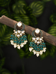 Gold-Plated Meenakari Stud Earrings with Kundan & Pearl Cluster drops - Teal