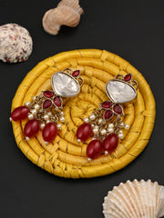 Gold plated Kundan & Pearl drop Earrings- Red