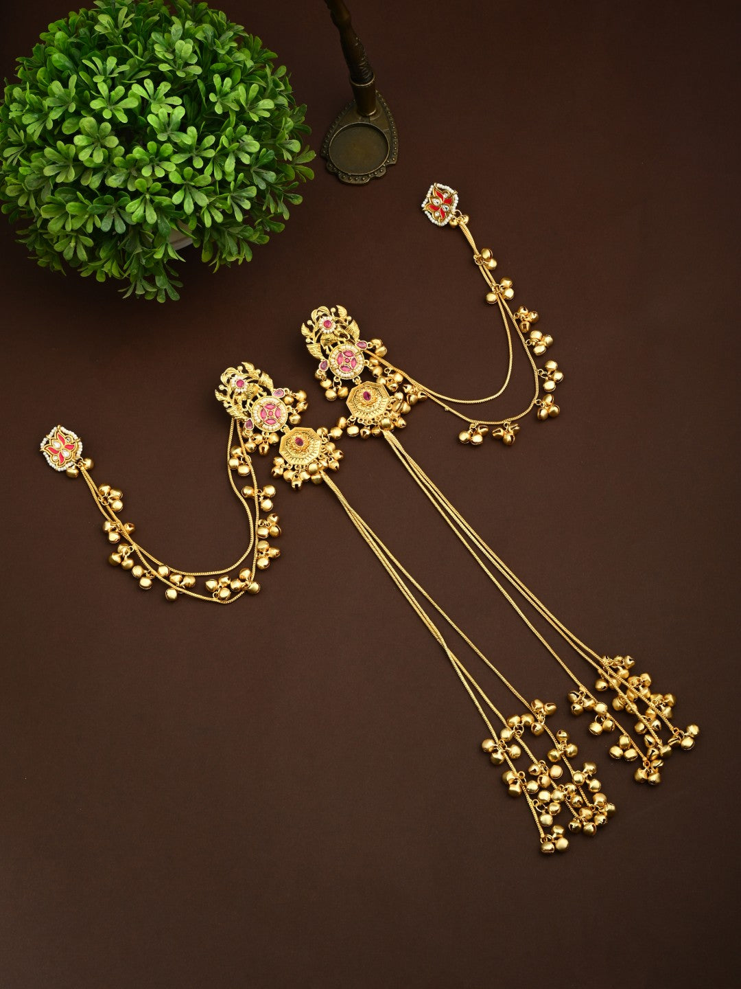 Gold-Tone Kundan Red Stone Kashmiri Long Chain Earrings