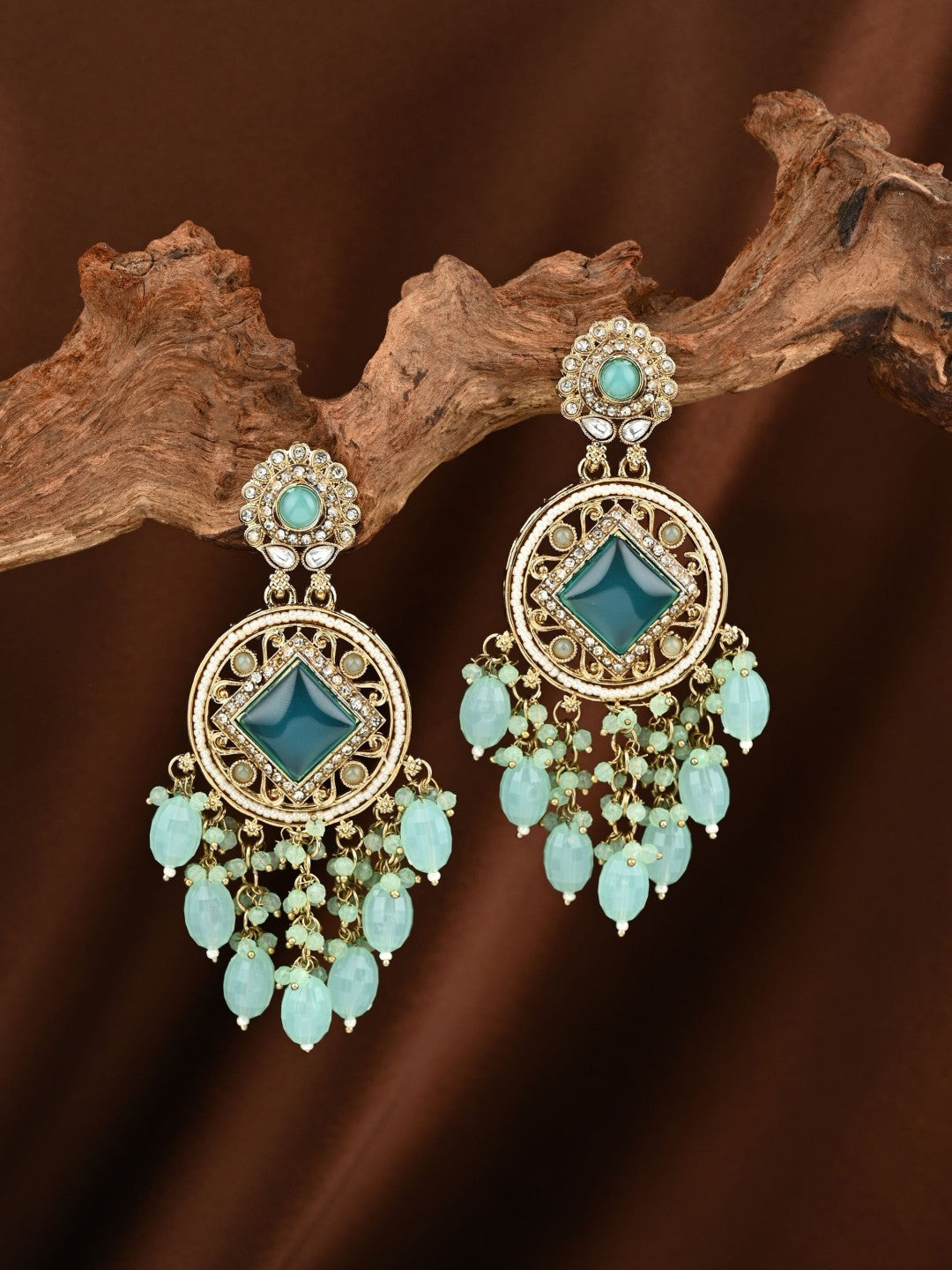 Gold-Toned Kundan Drop Earrings with Turquoise Stones and Bead Fringe