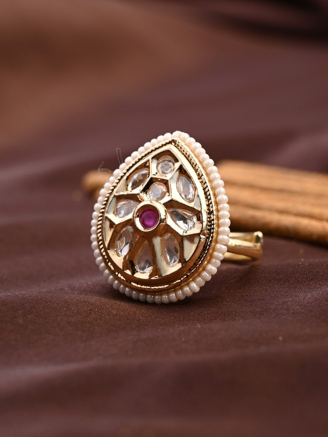 Teardrop Kundan Floral Pearl Brass Ring