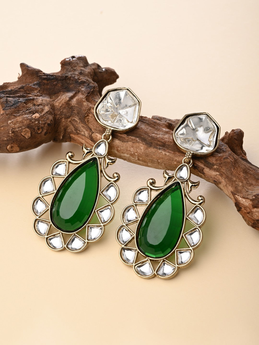 Gold-Plated Emerald Green Kundan Teardrop Earrings for Women