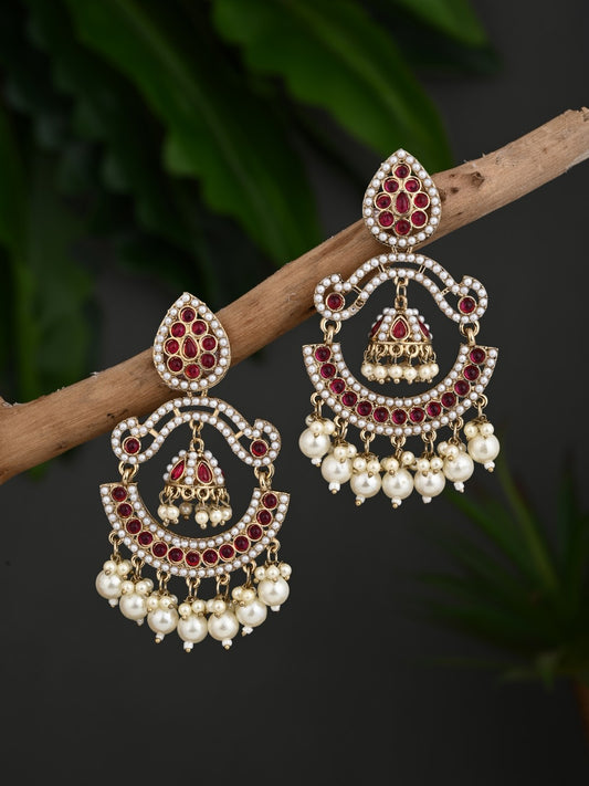 Gold plated Stone & beads chandbali Earring Red