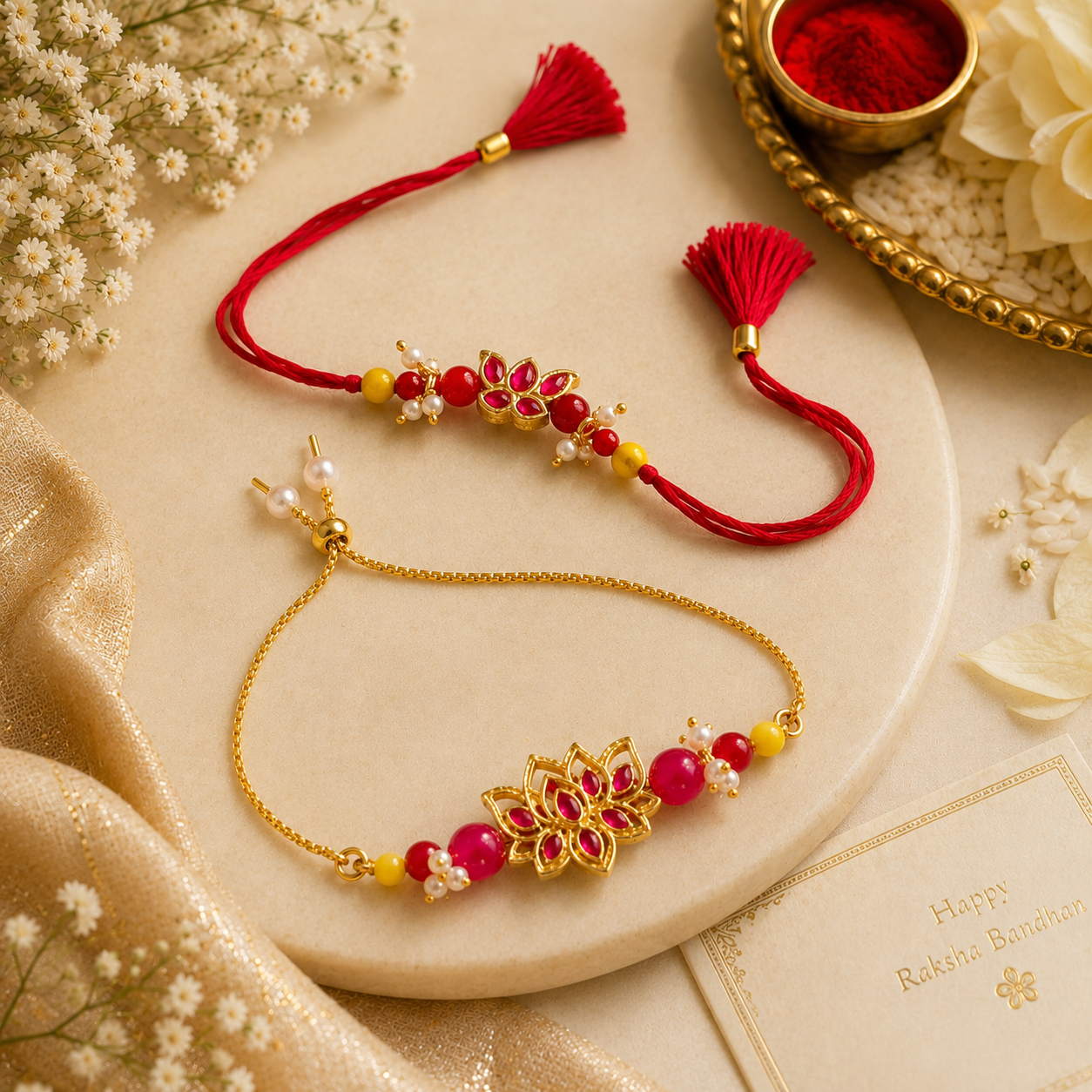 Lotus Designer Rakhi & Bracelet Gift Set – Pink Stone Floral Rakhi Combo