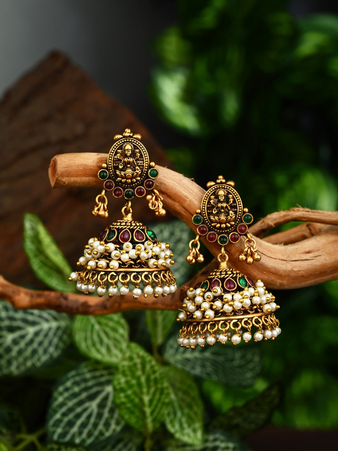 Gold Plated Red & green stone Jhumka Earring