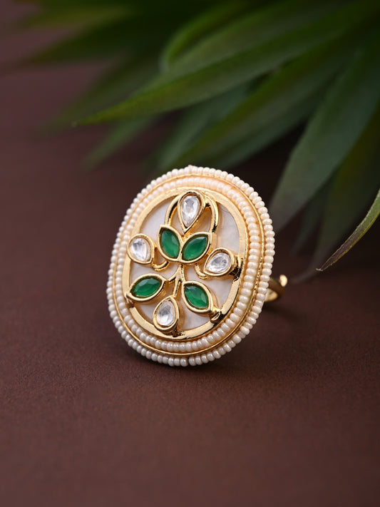 Green stone & Kundan Oval Statement Ring with MOP