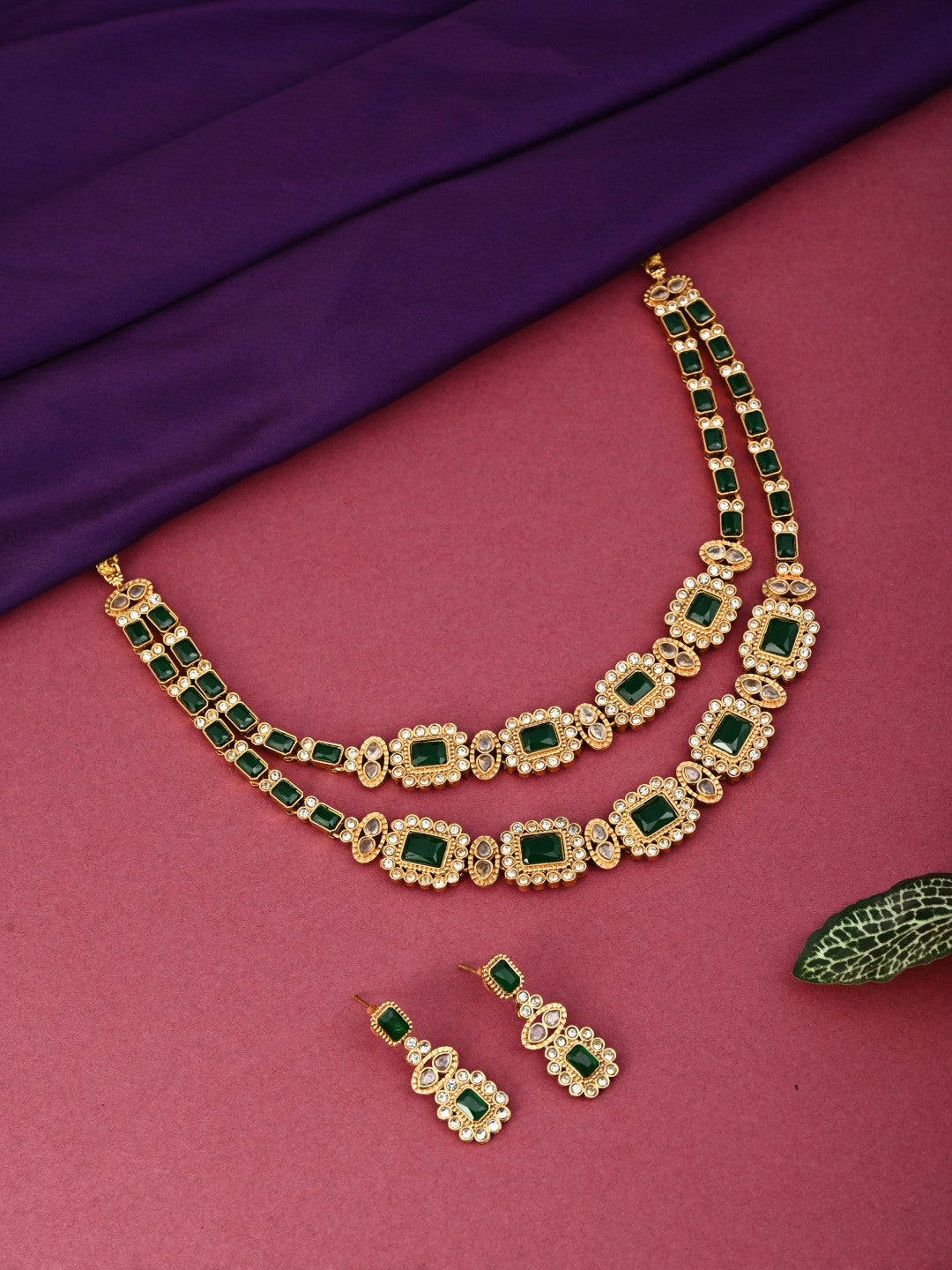 Emerald Double Layer Necklace Earrings Set