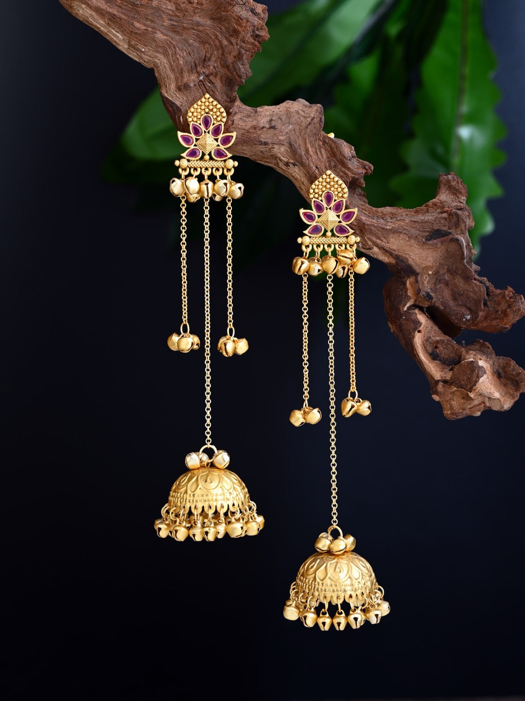 Floral Jhumka Earrings with Ghungroo Chain Tassels