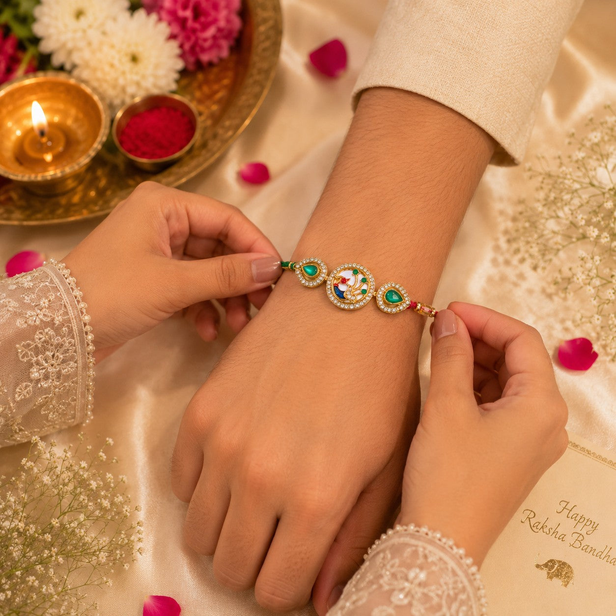 Peacock Grace Handmade Rakhi with Emerald Accents & Kundan Detailing