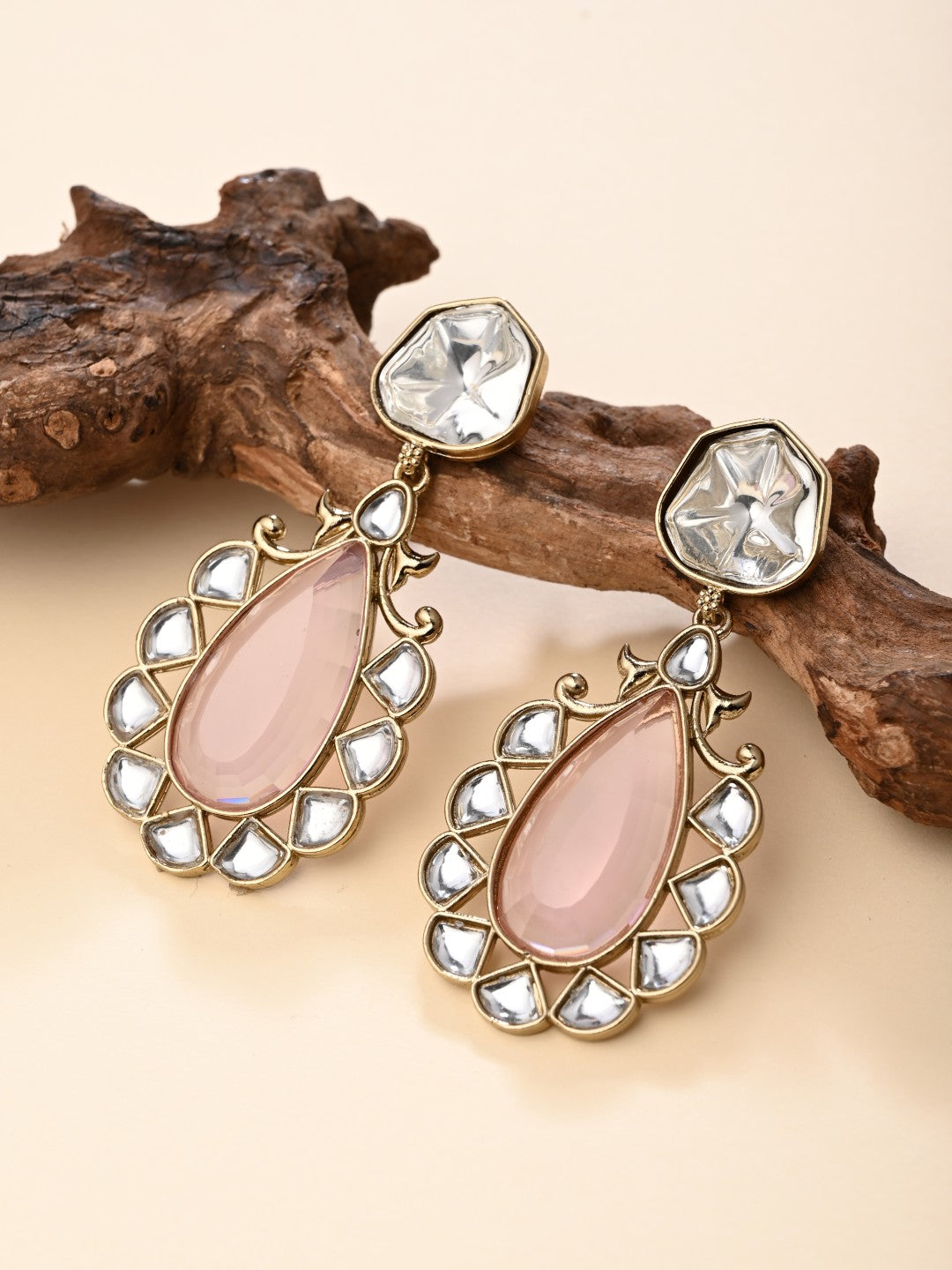 Gold-Plated Pink Kundan Teardrop Earrings for Women