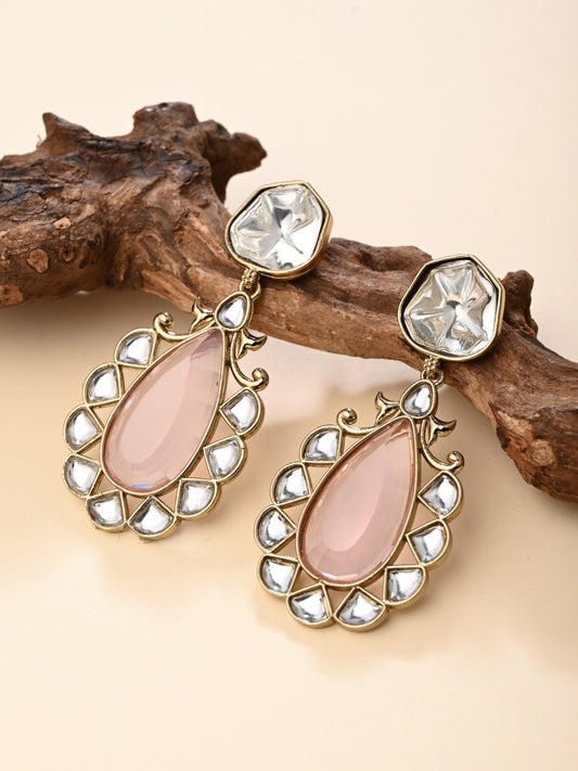 Gold-Plated Pink Kundan Teardrop Earrings for Women