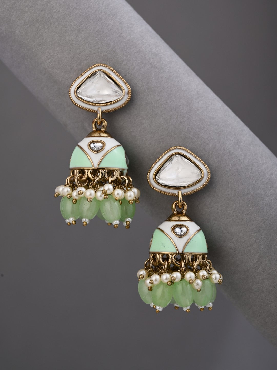 Enamelled Jhumka Earring - Sage green
