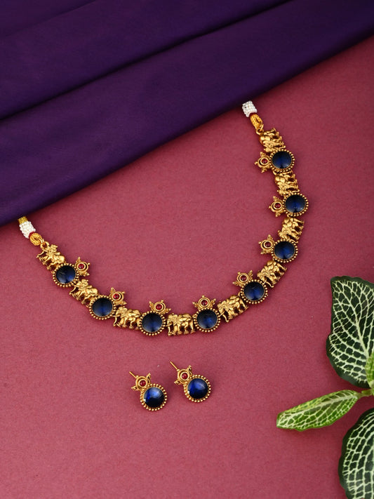 Gold plated Meenakari & Elephant Motif Necklace set - Blue