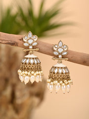 Gold plated Kundan & Meenakari Jhumka Earrings - White