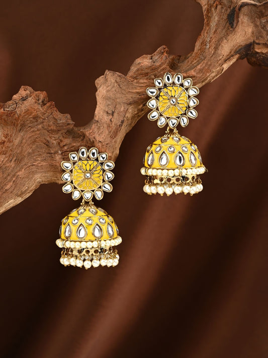Kesari Yellow Meenakari Jhumka Earrings