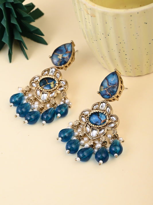 Gold-Plated Blue Kundan Chandelier Earrings with Bead Drops