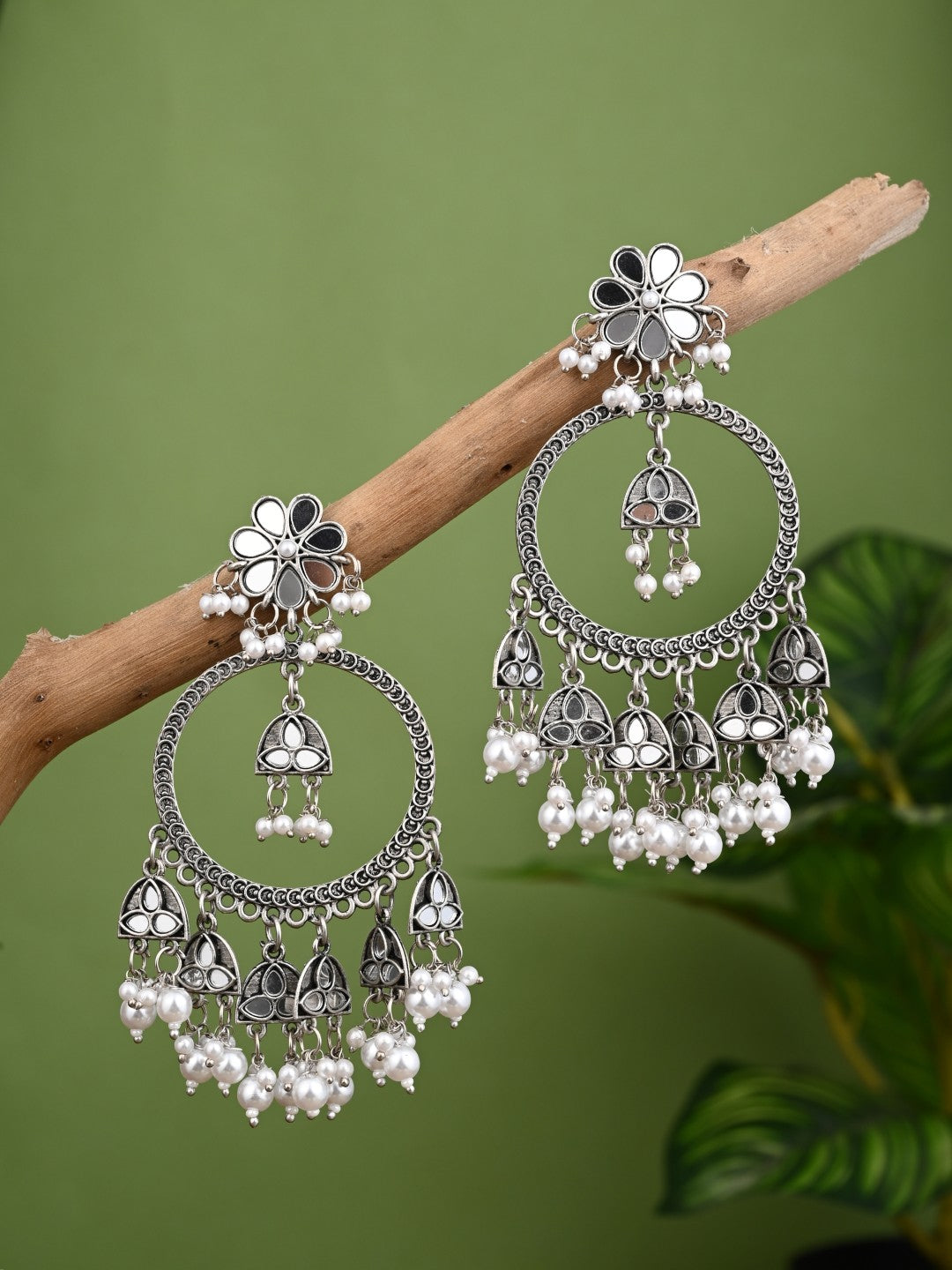 Oxidised Silver Floral Chandbali Earrings
