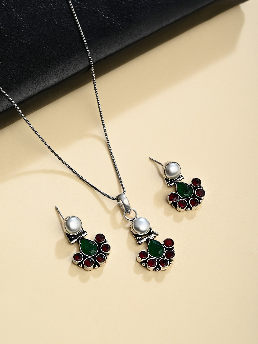Floral Crystal Pendant Necklace Set with Matching Stud Earrings - Multi