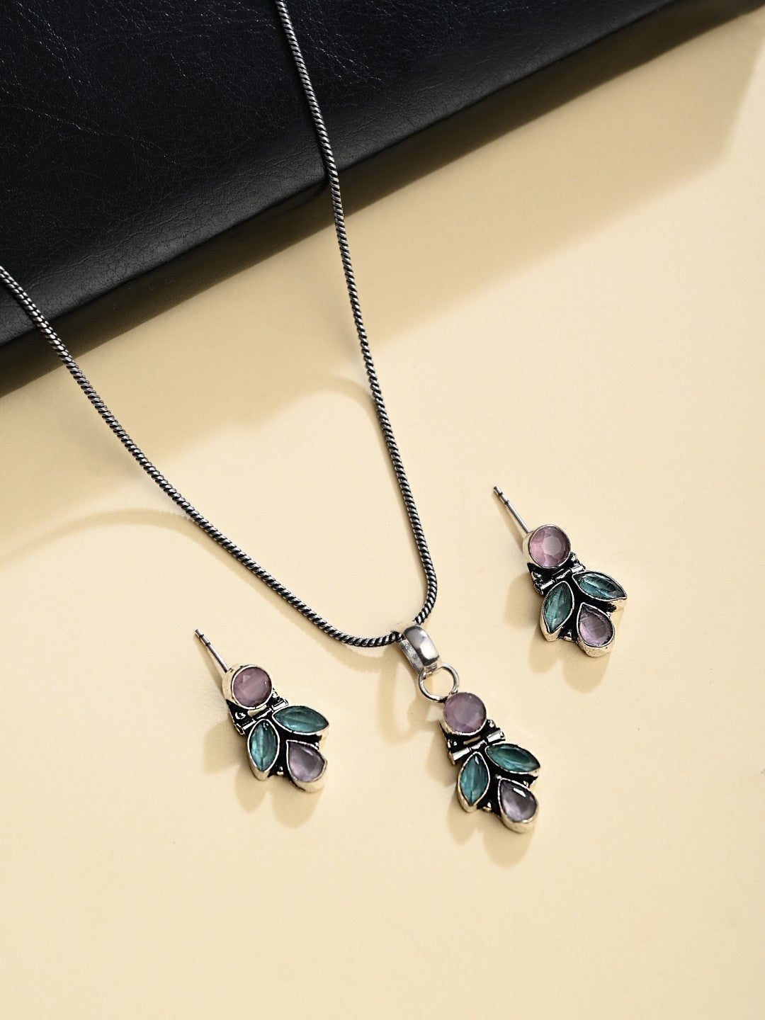 Elegant Crystal Pendant Necklace Set with Matching Drop Earrings - Multi