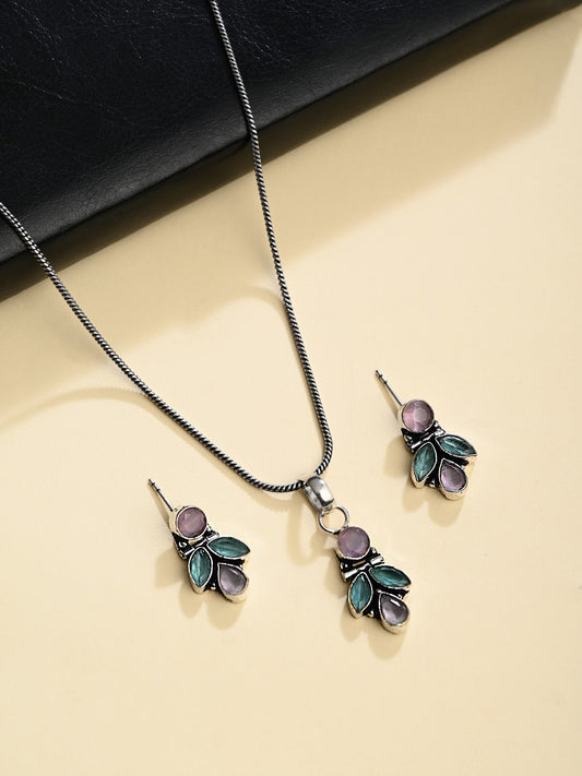 Elegant Crystal Pendant Necklace Set with Matching Drop Earrings - Multi