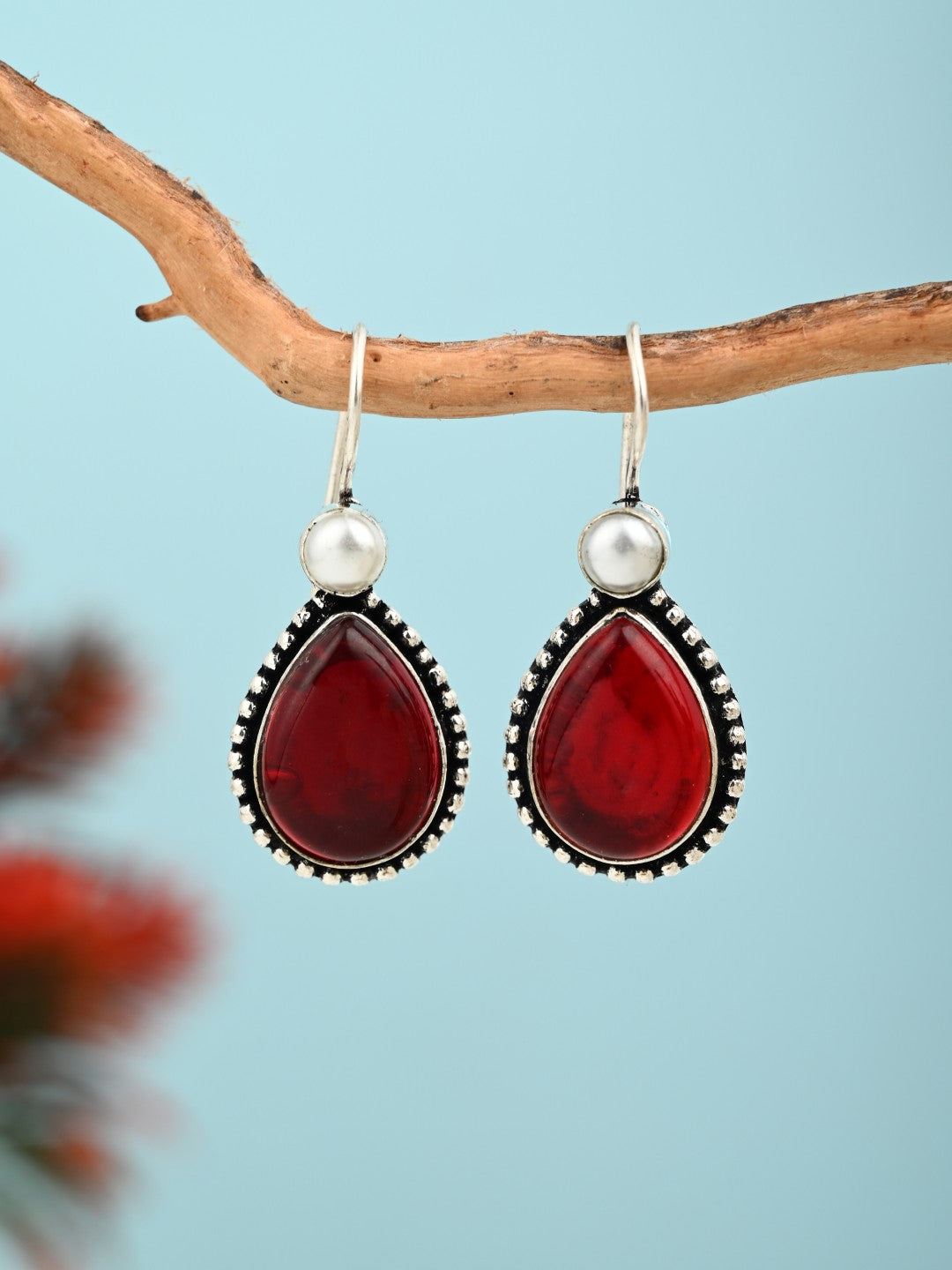 Silver Oxydised Red drop earring