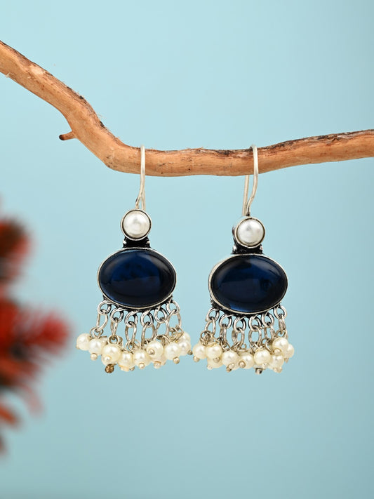 Navy Blue Stone Pearl Fringe Drop Earrings