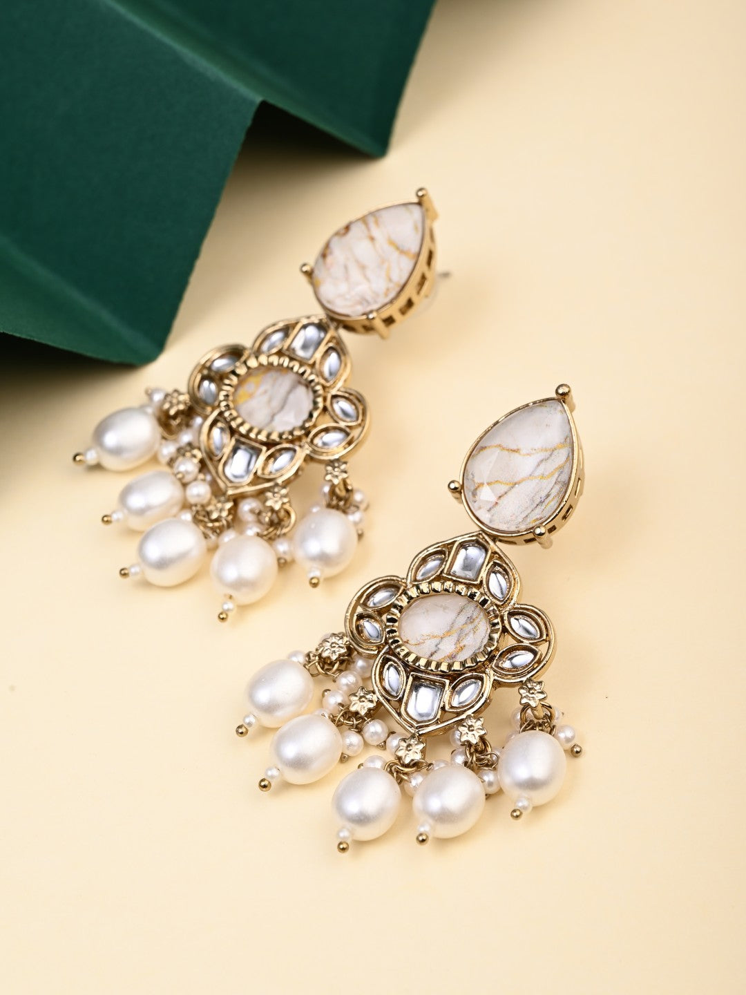 Gold-Plated White Kundan Chandelier Earrings with Bead Drops