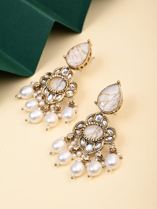 Gold-Plated White Kundan Chandelier Earrings with Bead Drops