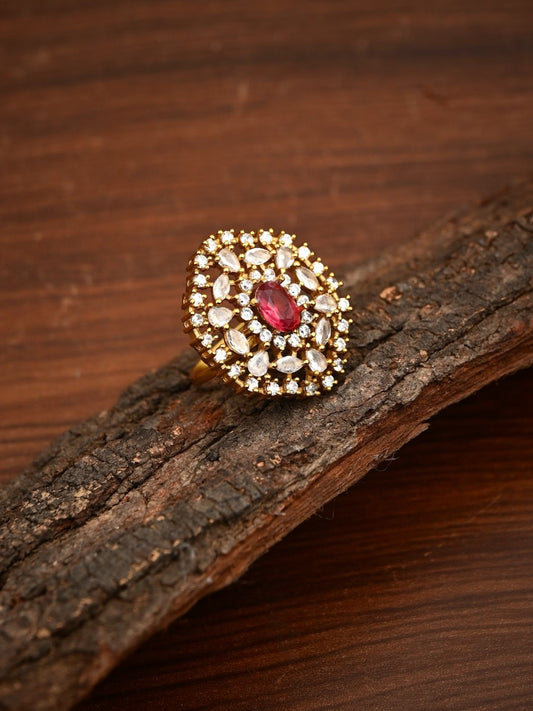 Ruby Red Stone & Crystal Floral Ring