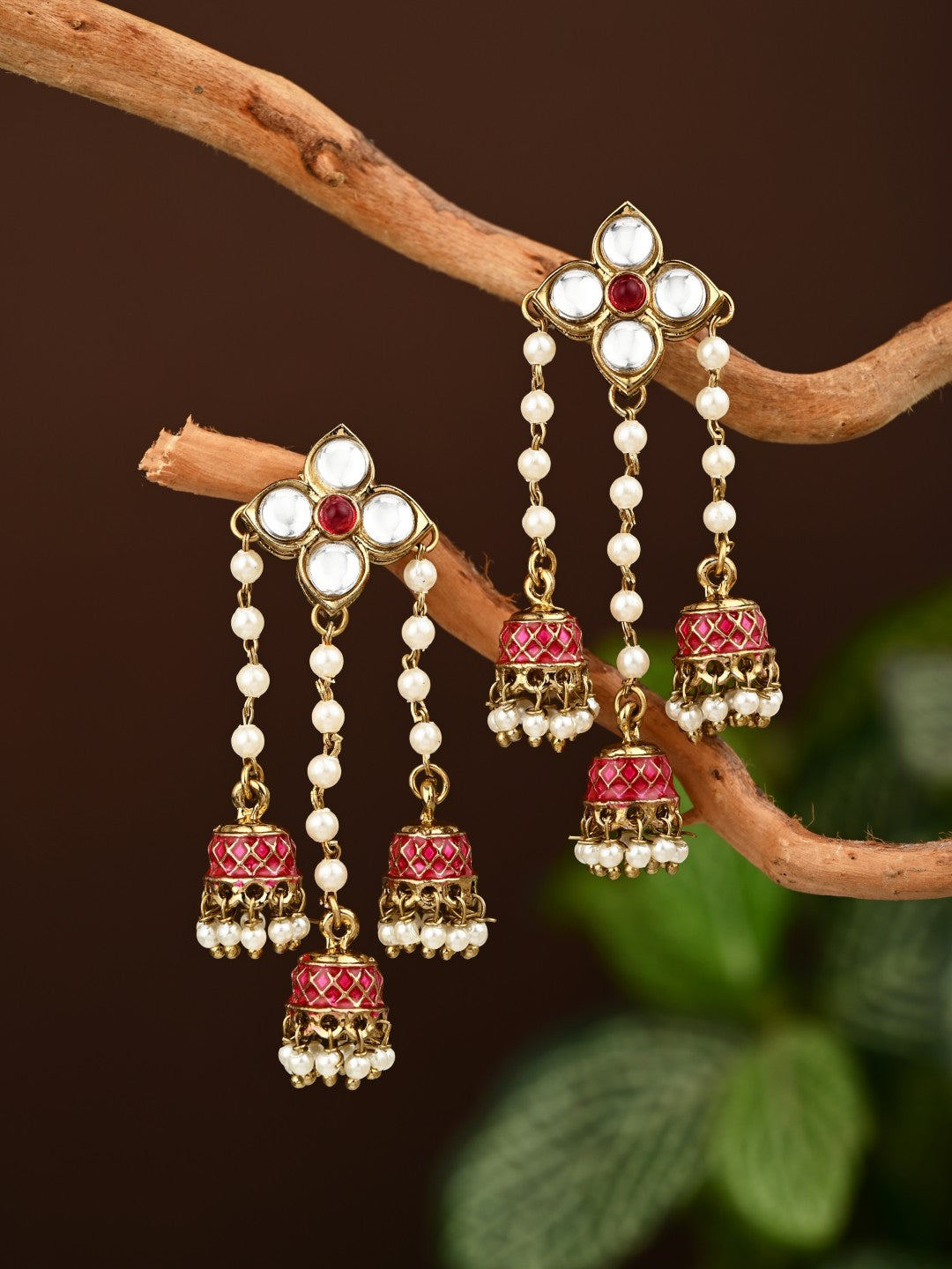 Kundan Pearl Tassel Statement Earrings - Red