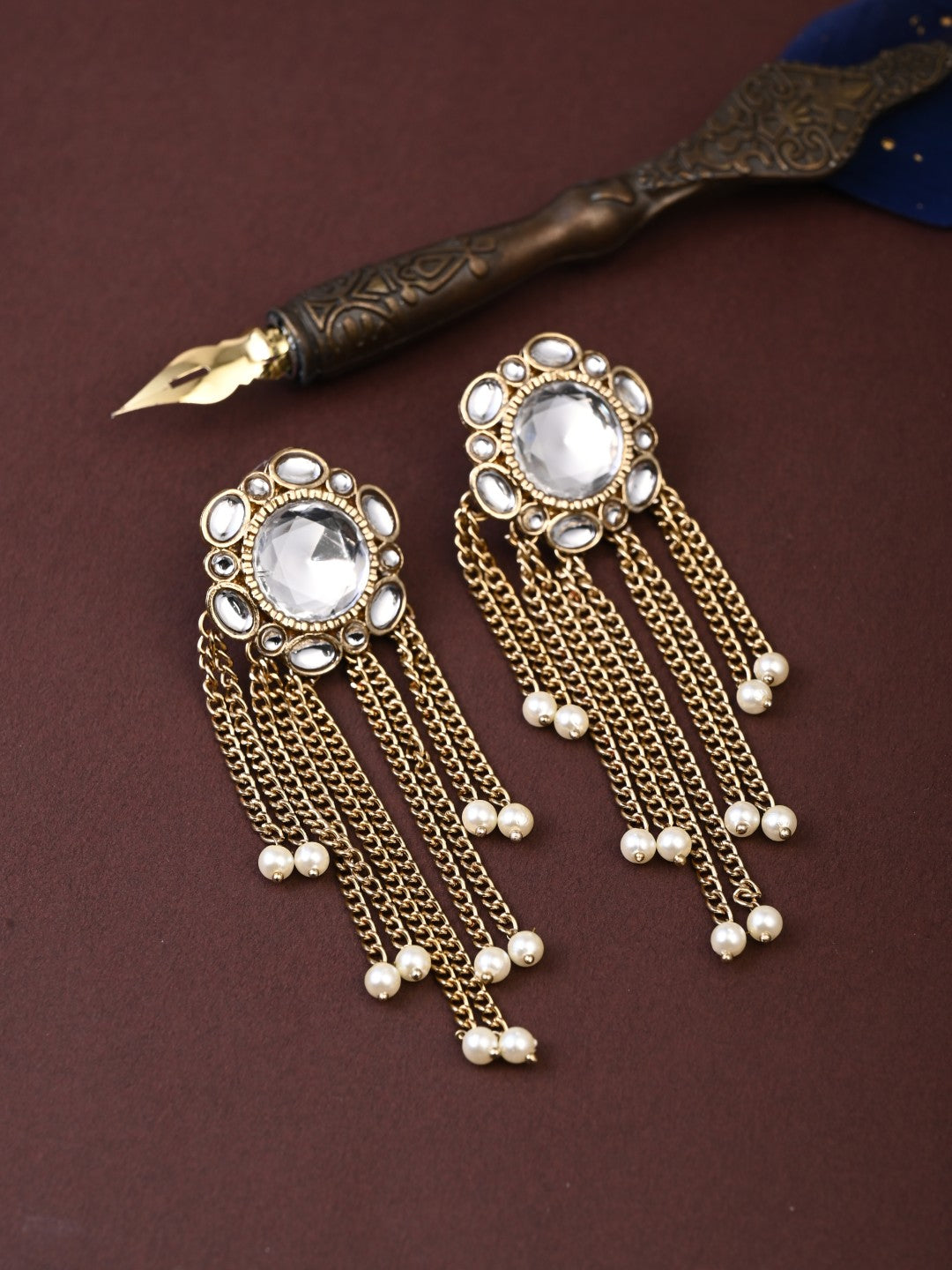 Kundan Tassel Drop Earrings - Gold
