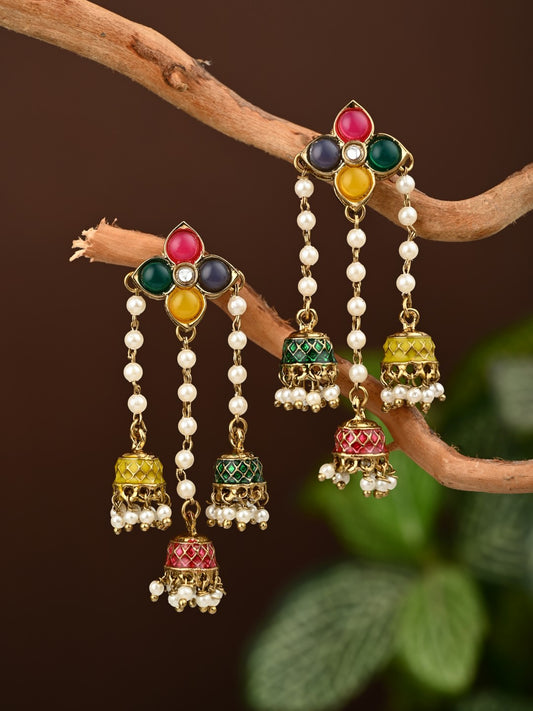 Kundan Pearl Tassel Statement Earrings - Multi