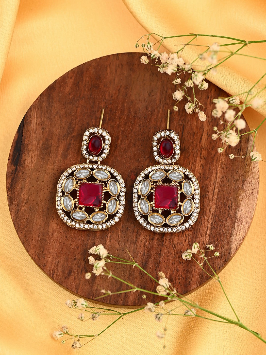 Kundan & Stone Embellished Statement Earrings Red